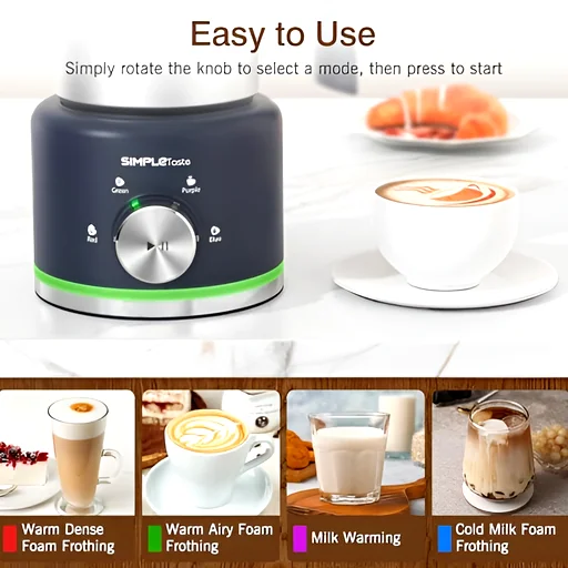 Compact dark blue appliance with stainless accents, digital display, and green accent line for simple one-touch beverage control