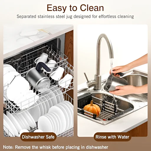 Separated stainless jug being rinsed and placed in dishwasher, showing removable whisk and easy cleaning instructions