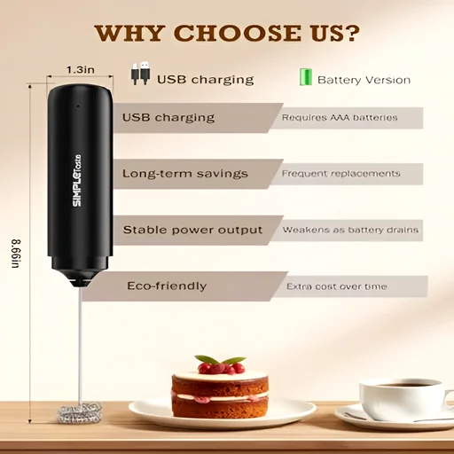 Handheld USB-C frother beside cake slice and coffee, highlighting eco-friendly design and long-term savings