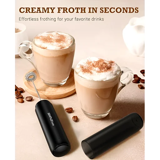 Two black cylindrical frothers beside glass mugs of frothy coffee on wood, showing creamy froth in seconds with durable design