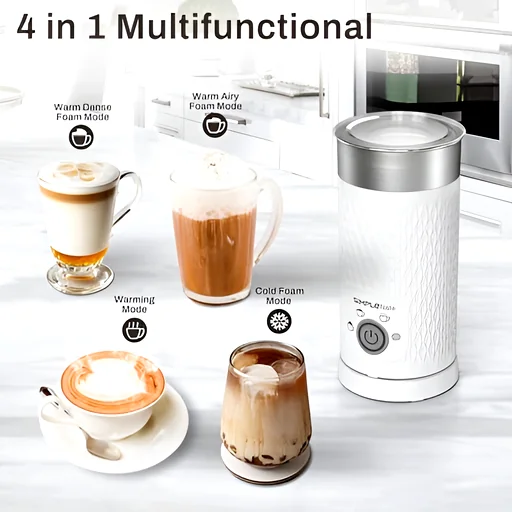 White frother with silver accents and labeled buttons for warm and chilled modes beside lattes and cappuccinos on a counter