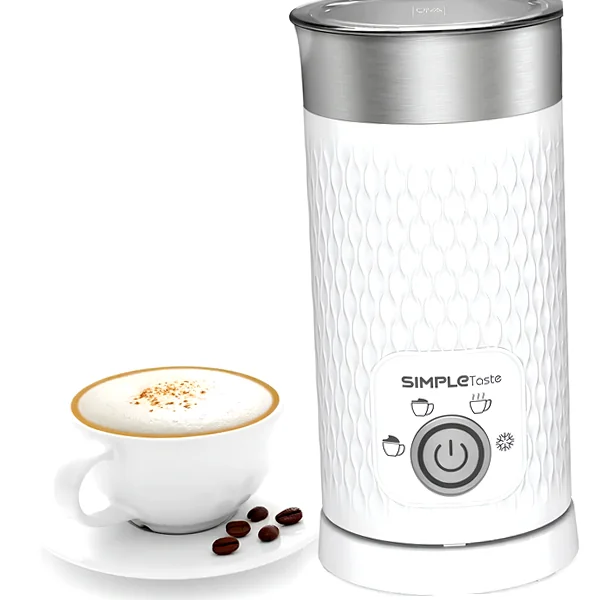 Compact 4‑in‑1 electric milk steamer producing creamy foam
